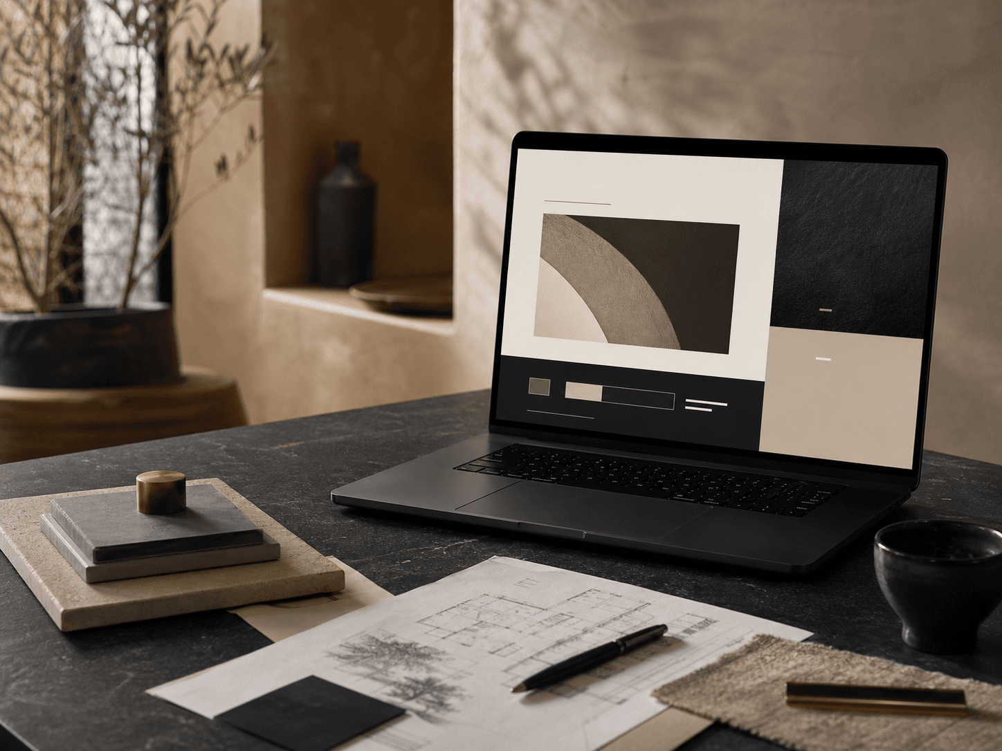 Espace de création digitale premium avec ordinateur et échantillons