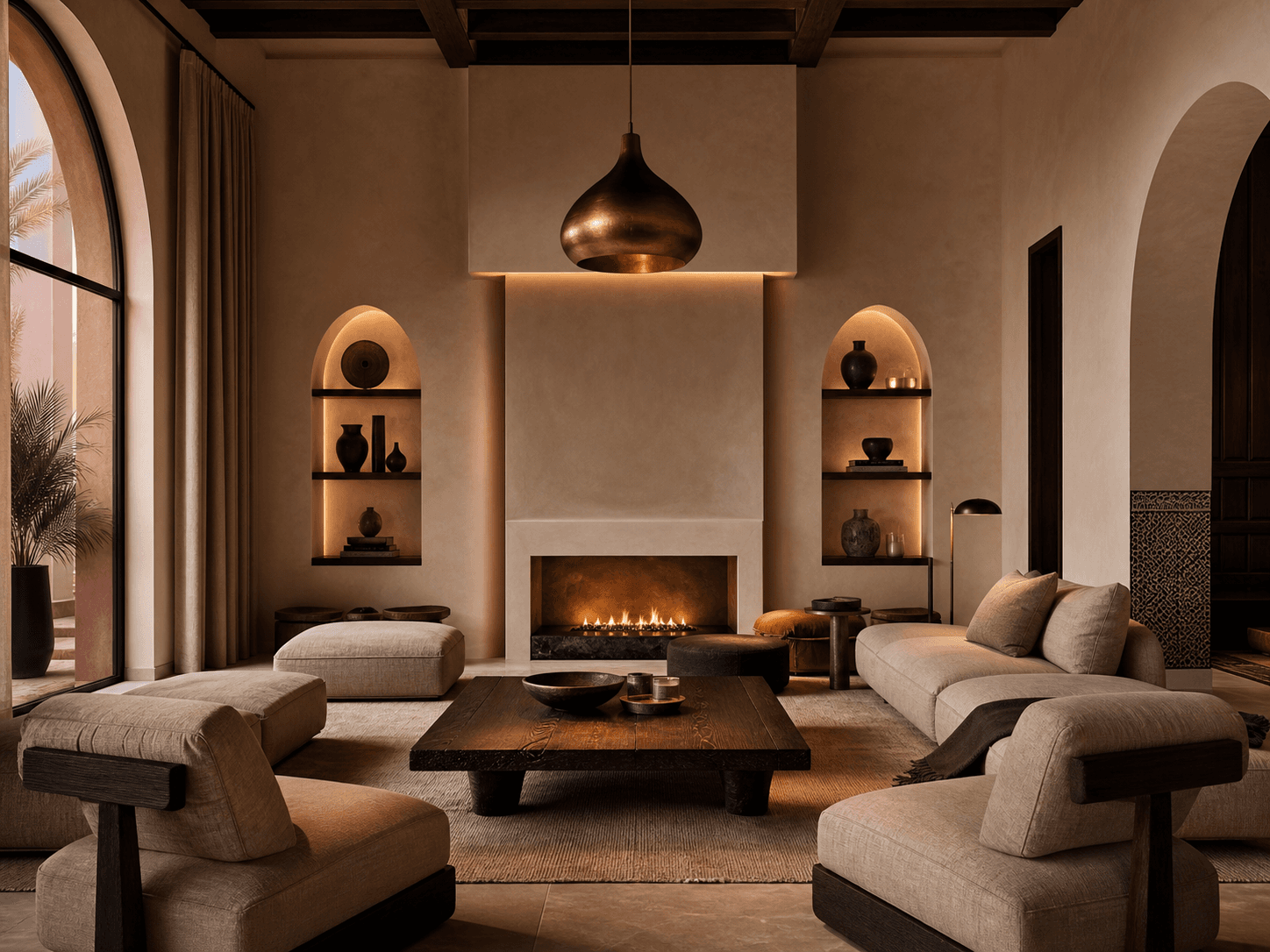 Salon d'hôtel marocain contemporain aux arches en enduit crème